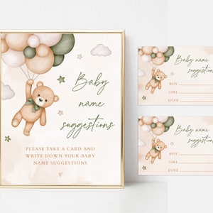 Sage Green Teddy Bear Baby Name Vorschlag Zeichen und Tickets, Green Bear Gender Reveal Party-Ideen, Gender Neutral Baby Shower Baby Name