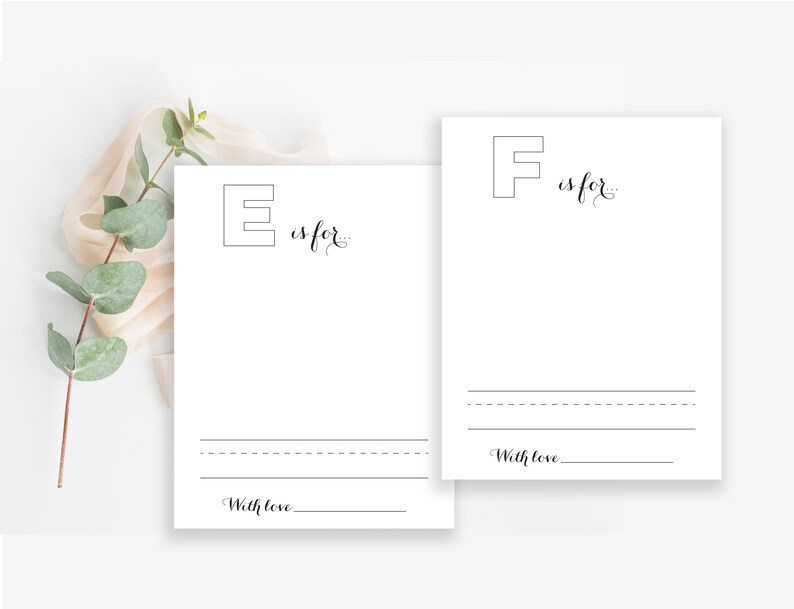 May include: Two printable alphabet cards featuring the letters E and F. Each card has a large letter at the top and the phrase "is for..." written in cursive. There are lines for writing and a space for a signature at the bottom of each card.