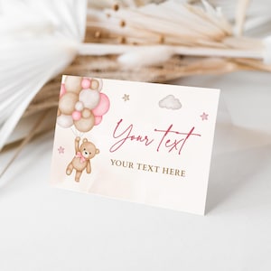 EDITIERBARE Tischkarten Rosa Teddybär, Lebensmitteletiketten druckbar, Blush Pink Bear-Babyparty-Namenskarten druckbar, gefaltete Tischkarte