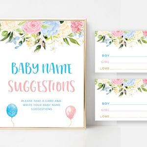 Gender Reveal Baby Namens-Vorschläge, Hellblau und Blush Gender Reveal Party, Blau und Rosa Baby Namen Vorschlag Karten, Gender Reveal Idee