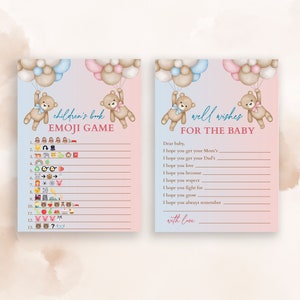 Peut inclure: Deux cartons de jeu de baby shower avec un fond aquarelle rose et bleu. L'un est pour un jeu d'&eacute;mojis, l'autre pour des v&oelig;ux. Les deux cartes pr&eacute;sentent des ours en peluche tenant des ballons. Le texte est &eacute;crit &agrave; la main.