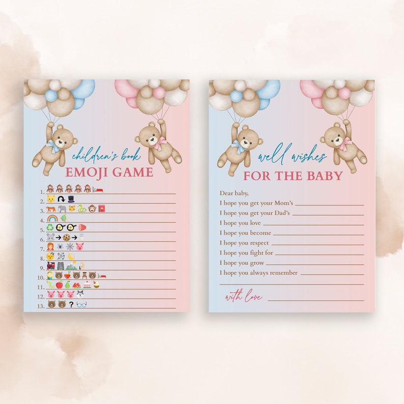 Peut inclure: Deux cartons de jeu de baby shower avec un fond aquarelle rose et bleu. L'un est pour un jeu d'&eacute;mojis, l'autre pour des v&oelig;ux. Les deux cartes pr&eacute;sentent des ours en peluche tenant des ballons. Le texte est &eacute;crit &agrave; la main.