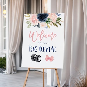 Burnouts or Bows Gender Reveal Party Welcome Sign, Navy and Blush Gender Reveal Party Idea, Welcome to the Big Reveal