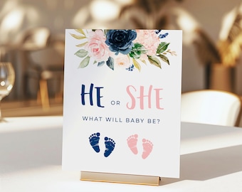 He or She What Will Baby Be Banner He or She Gender Reveal Sign Navy Blue and Blush Pink Gender Reveal Party Baby Footprint Sign
