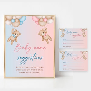 Bordje suggesties babynaam en kaartjes, blauwe en roze teddyberen babyshower babynaam, geslacht onthullende feestideeën teddybeer en ballonnen