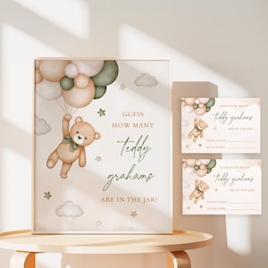 Sage Green Teddy Bear Guess How viele Teddy-Grahams-Spiel, Grün-Beige-Bärn-Gender-Neutral-Babyparty Errate, wie viele Zeichen und Tickets