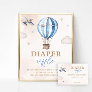 Luierloterijbord en -kaartje Heteluchtballon babyshower, vliegtuigreizen babyshower, avontuur wacht op Little Explorer-thema