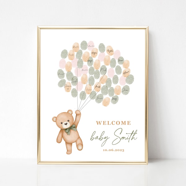 EDITABLE Sage Green Teddy Bear Thumbprint Guestbook Alternative Fingerprint Guest Book Baby Shower We Can Bearly Wait, Anniversaire Empreinte digitale