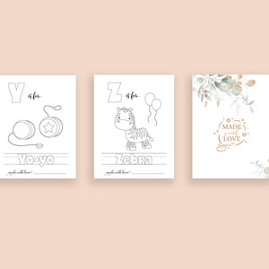 May include: Three printable alphabet flashcards with black and white illustrations. The first card features the letter Y and a yo-yo. The second card features the letter Z and a zebra. The third card has a floral design and the text "MADE with LOVE".