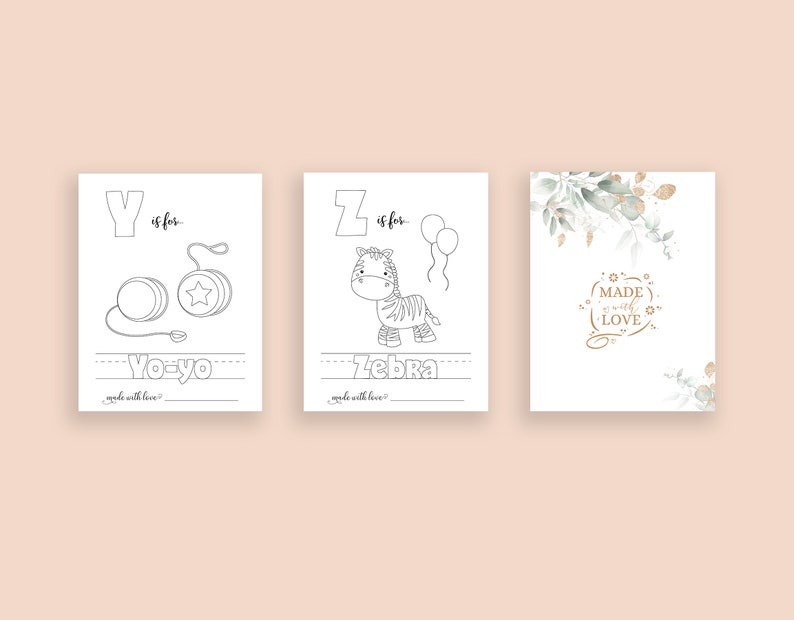 May include: Three printable alphabet flashcards with black and white illustrations. The first card features the letter Y and a yo-yo. The second card features the letter Z and a zebra. The third card has a floral design and the text "MADE with LOVE".