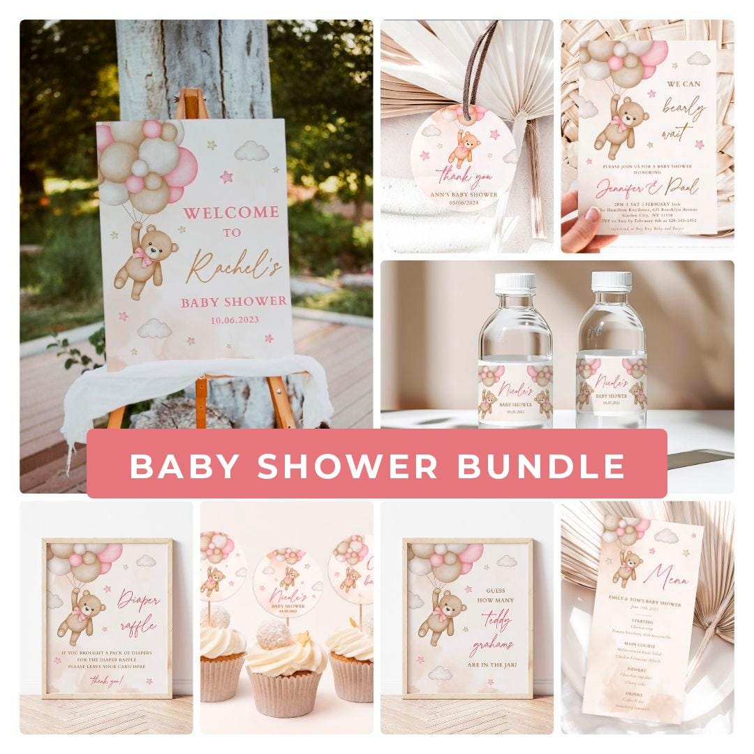 Pink Teddy Bear Baby Shower Bundle, We Can Bearly Wait Baby Shower ...