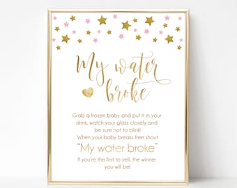 My Water Broke Sign, Ice Cube Babies Game, Pink and Gold Baby Shower Game, Printable My Water Broke, Twinkle Twinkle Little Star Theme