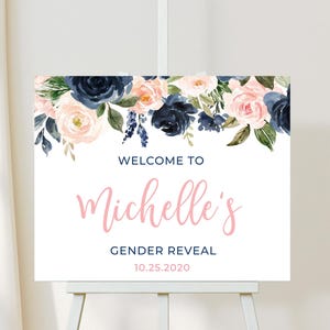 Gender Reveal Welcome Sign Template, Printable Navy Blue and Blush Pink Gender Reveal Welcome Sign, Navy and Blush Welcome Banner