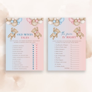 Peut inclure: Deux cartons de jeu de baby shower avec un design &agrave; l'aquarelle. L'un est intitul&eacute; "Old Wives Tales" et l'autre "The Price is Right". Les deux cartes pr&eacute;sentent des ours en peluche tenant des ballons bleus, roses et bruns.