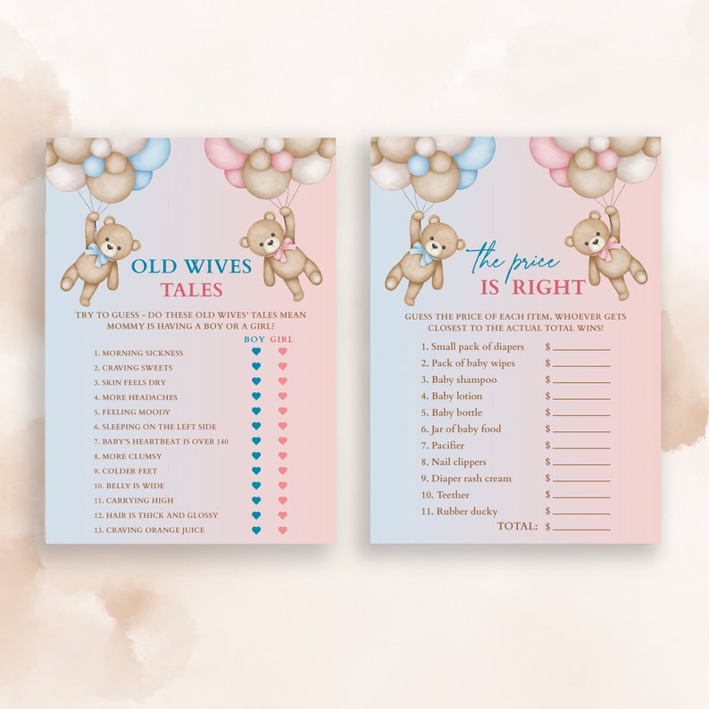 Peut inclure: Deux cartons de jeu de baby shower avec un design &agrave; l'aquarelle. L'un est intitul&eacute; "Old Wives Tales" et l'autre "The Price is Right". Les deux cartes pr&eacute;sentent des ours en peluche tenant des ballons bleus, roses et bruns.