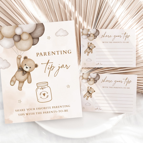 Parenting Tip Jar Sign and Advice Card for The Parents To Be, Beige Teddy Bear Baby Shower Game Printable, Baby Shower Advice Cards