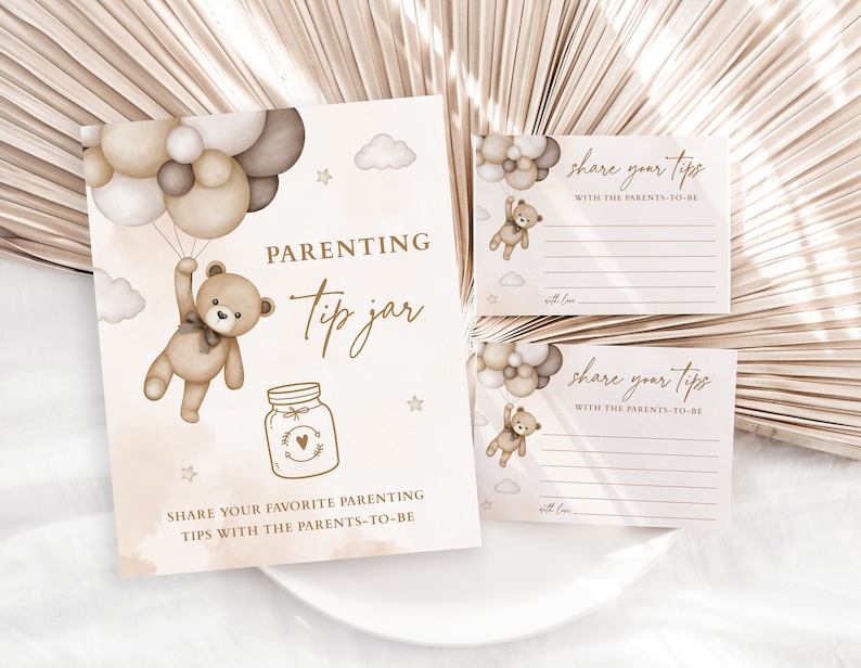Ouderschap Tip Jar teken en advieskaart voor de toekomstige ouders, beige teddybeer baby shower spel afdrukbaar, baby shower advieskaarten afbeelding 1