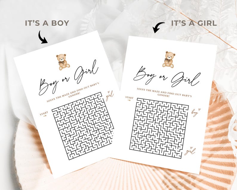Boy or Girl Maze Game, Minimalistic Baby Shower Maze, Beige Teddy Bear