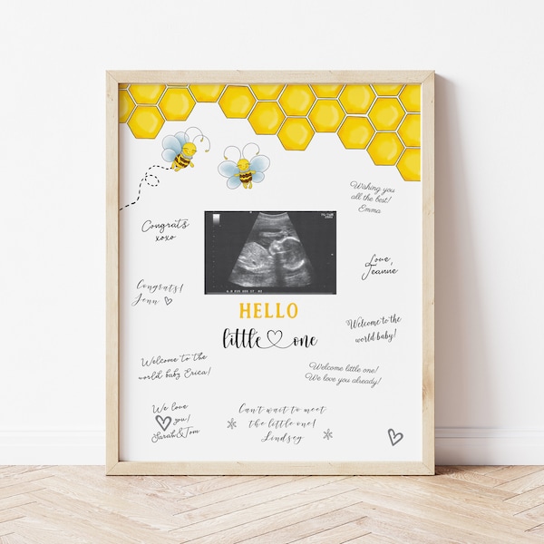 Geslacht onthullen echografie foto teken, Bee geslacht onthullen Sonogram teken, alternatief gastenboek Hallo kleintje, Bee thema baby shower