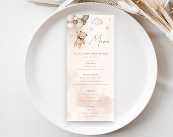 Modello di menu per baby shower con orsacchiotto, festa con orsacchiotto marrone, modello di menu modificabile