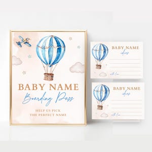 Placa e cartões de embarque com nome de bebê, sugestões de nomes para chá de bebê de viagem, chá de bebê de balão de ar quente e avião para menino