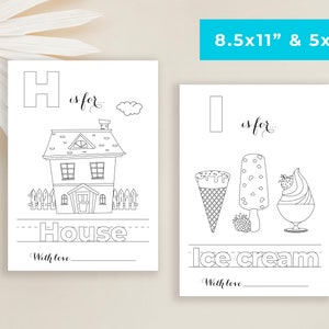 May include: Two printable coloring pages featuring the letters H and I. The H is for house and shows a simple illustration of a house with a fence. The I is for ice cream and shows three different types of ice cream: a cone, a popsicle, and a dish of ice cream. Both pages include the text "is for..." and "With love" at the bottom.
