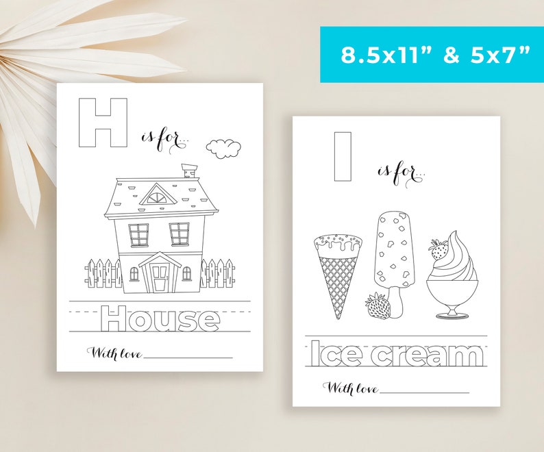 May include: Two printable coloring pages featuring the letters H and I. The H is for house and shows a simple illustration of a house with a fence. The I is for ice cream and shows three different types of ice cream: a cone, a popsicle, and a dish of ice cream. Both pages include the text "is for..." and "With love" at the bottom.