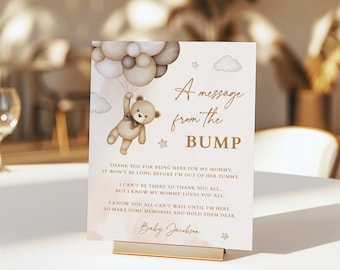 Mensaje para la barriguita, plantilla personalizada editable, baby shower de osito marrón, mensaje neutro para el bebé