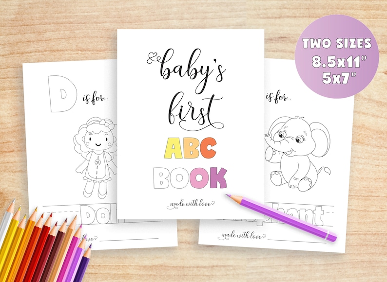 K&ouml;nnte beinhalten: Drei druckbare Seiten f&uuml;r ein erstes ABC-Buch f&uuml;r Babys. Die Seiten zeigen eine Puppe, einen Elefanten und die Buchstaben D, E und F. Die Seiten sind schwarzwei&szlig; und zum Ausmalen bereit.