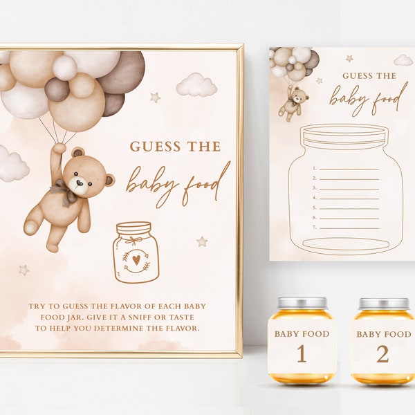 Baby Food Game, Beige Teddy Bear Baby Shower Guess the Baby Food Game, Baby Food Guessing Game, Sign, Cards and Jar Labels