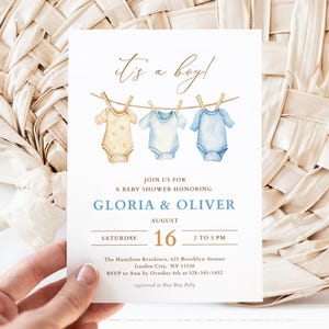 Boho Baby Boy Kleidung Babypartyeinladung, Es ist eine Boy Baby Shower Einladung Wäscheleine, Baby Boy Blaue Kleidung einladen bearbeitbare Vorlage