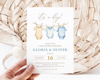 Boho Baby Boy Shower Invitation, Clothesline Invite (Editable Template)