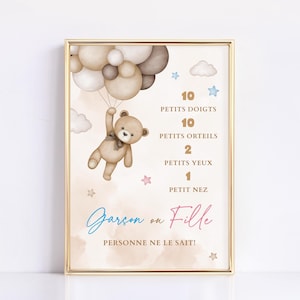 May include: A gender reveal poster featuring a brown teddy bear holding balloons. The poster has a light brown background with white clouds and stars. The text on the poster reads: "10 petits doigts, 10 petits orteils, 2 petits yeux, 1 petit nez, Gar&ccedil;on ou Fille, Personne ne le sait!"