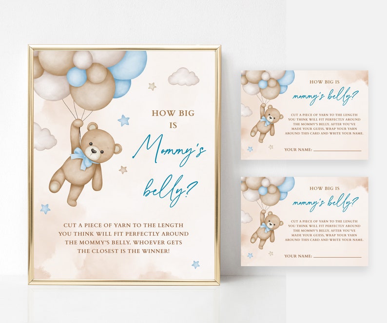 Puede incluir: Un juego para baby shower con un letrero enmarcado y tarjetas. El letrero y las tarjetas muestran un oso de peluche con globos y el texto "How Big is Mommy's Belly?" en color turquesa, con instrucciones.