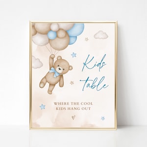 Signe imprimable de douche de bébé de table d’enfants, douche de bébé d’ours en peluche bleu pour bébé garçon, décoration d’ours en peluche bleu clair de table d’enfants