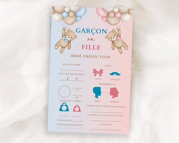 FRENCH Garçon ou Fille Bébé Prédiction Card Teddy Bear Gender Reveal Party Boy or Girl Baby Prediction Card Printable