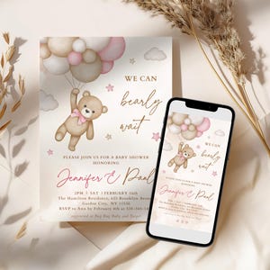 Invito modificabile a tema orsetto rosa, invito baby shower a tema orsetto rosa, modello modificabile per baby shower a tema bambina rosa