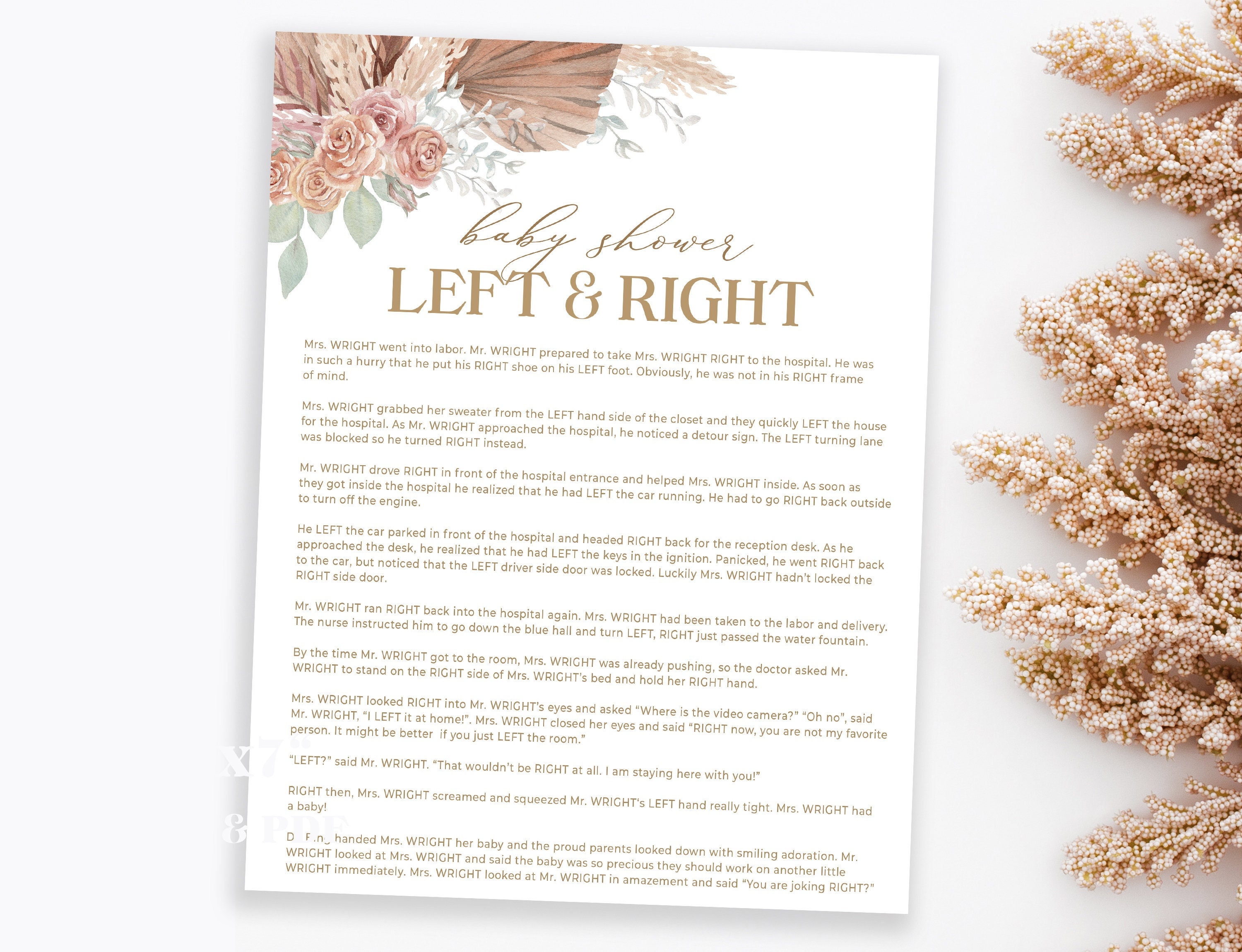 Left Right Baby Shower Story Game Pampas Grass Baby Shower Etsy