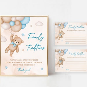Placas e cartões de tradições familiares, chá de bebê com ursinho de pelúcia azul, compartilhe sua memória de infância favorita, tema de balões de urso azul para menino