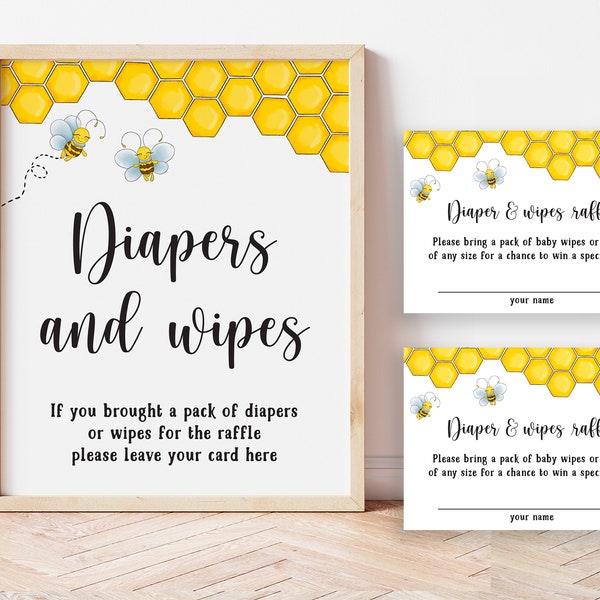 Diaper and Wipes Raffle Sign and Tickets, Bee Baby Shower Theme Diaper Game, Bumble Bee Baby Shower Decoration