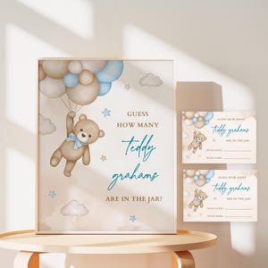 Orsetto di peluche blu "Indovina quanti Teddy Graham ci sono nel barattolo" Gioco con cartello e biglietto per baby shower, gioco "Possiamo aspettare a lungo" stampabile