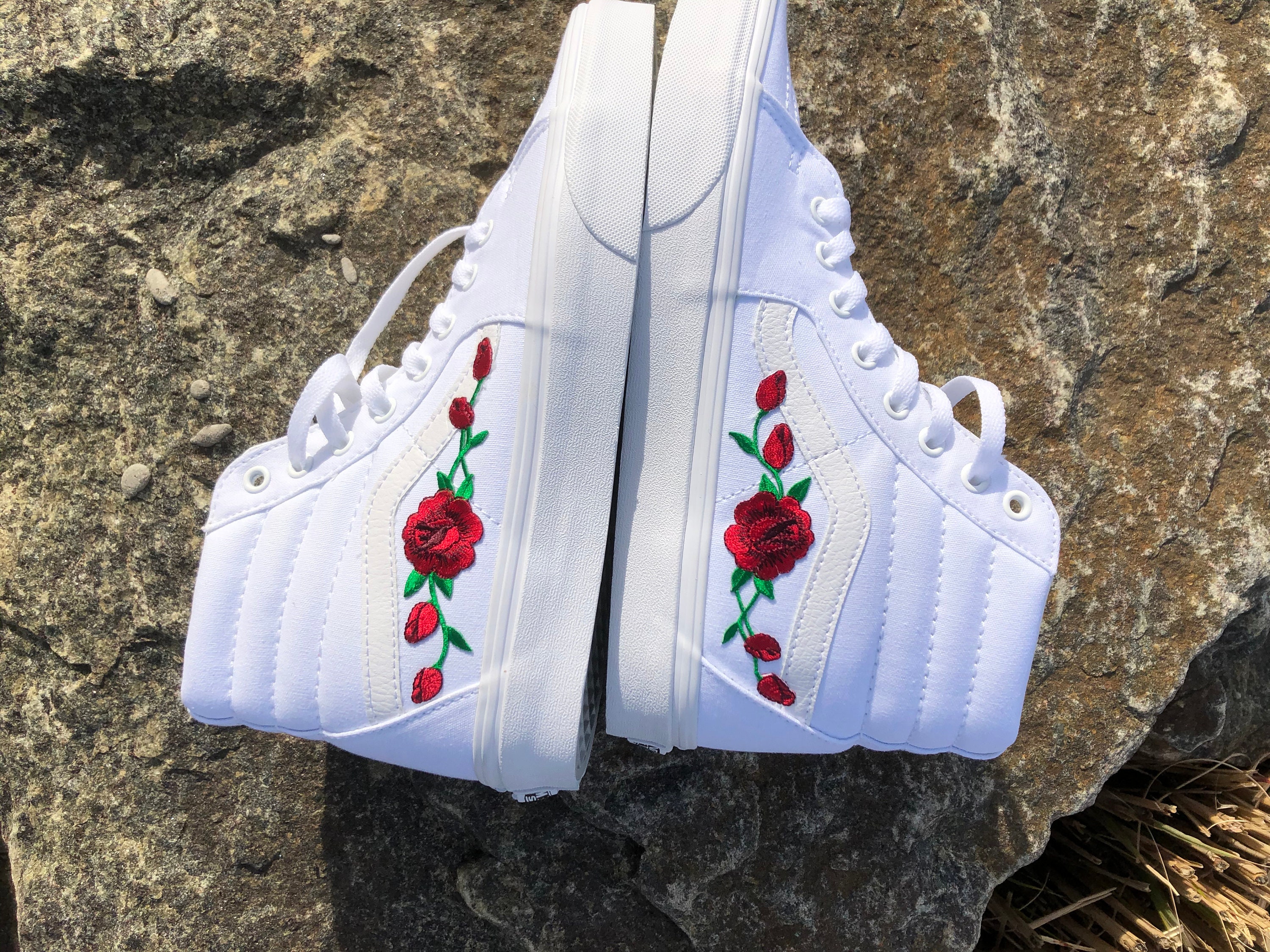 White Canvas Sk8Hi Custom Rose Embroidered ShoesVans Rose Etsy