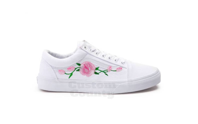 White Vans Old Skool Custom Pink Rose Embroidered Shoes-Vans Rose Shoes Floral Vans-Custom Vans Rose Vans Old Skool Vans-Men/Women/Youth White Vans Old Skool Custom Pink Rose Embroidered Shoes-Vans Rose Shoes Floral Vans-Custom Vans Rose Vans Old Skool Vans-Men/Women/Youth
