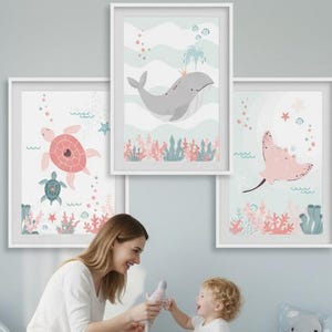 Set med tre posters: Val, Rocka, Sköldpadda för barnrum - Väggdekoration med havsmotiv bild 1
