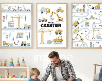 3 posters med grävmaskin och byggarbetsbil för barn- eller babyrum, perfekta för att inreda ett pojk- eller flickrum med byggtema, i gula toner.