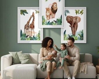 Lion Elephant Giraffe trio poster jungle savannah theme Watercolor style design posters for living room bedroom office decoration child adult