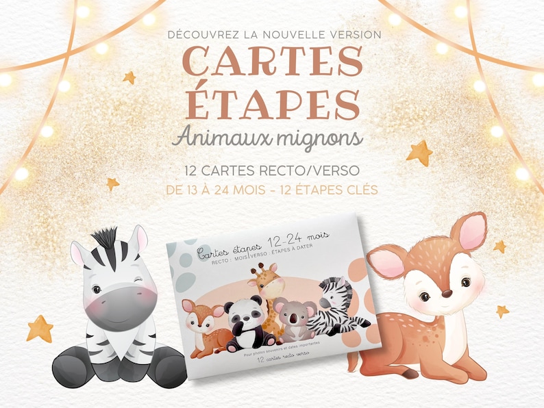 Cartes étapes bébé - 13 - 24 mois - 1 à 2 ans sur thème Animaux mignon jungle forêt pour souvenir photo famille deuxième année image 7