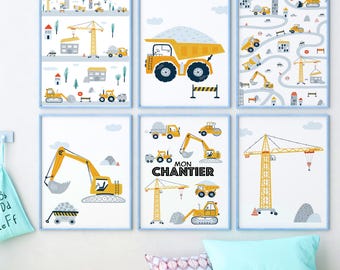 Construction site posters featuring a truck and excavator for decorating a child's or baby's room with a construction theme.