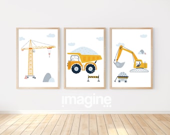 Affiches Chantier engin camion pelleteuse pour déco chambre enfant bébé sur le thème des travaux