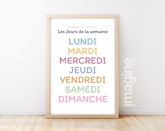 Affiche Les jours de la semaine - lundi mardi samedi chambre enfant école maternelle primaire - poster enfant garçon et fille apprentissage